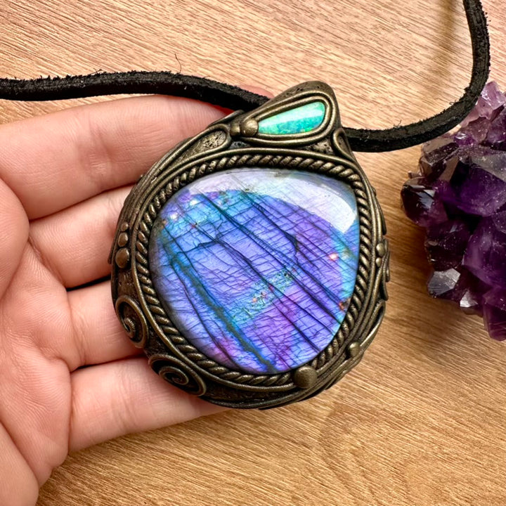 Large Purple Labradorite and Australian Opal Necklace, Unique Crystal Pendant - FairyGardenGlow