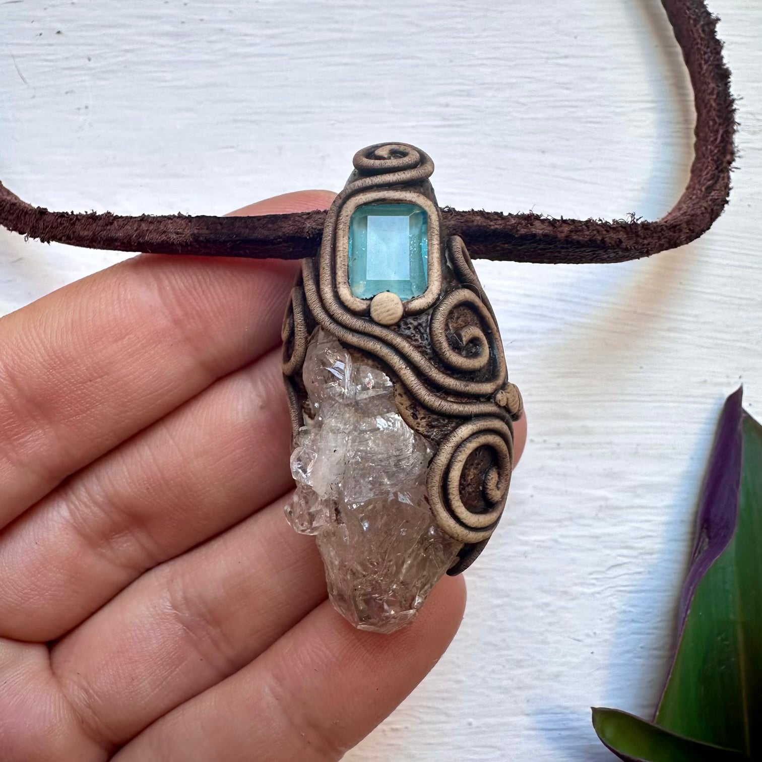 Herkimer Diamond Quartz and Blue Topaz Pendant Necklace - FairyGardenGlow