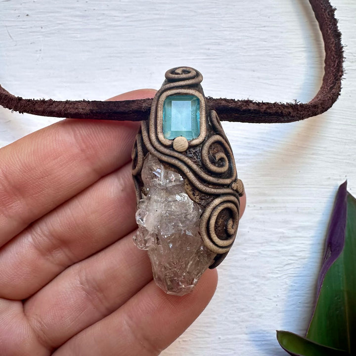 Herkimer Diamond Quartz and Blue Topaz Pendant Necklace - FairyGardenGlow