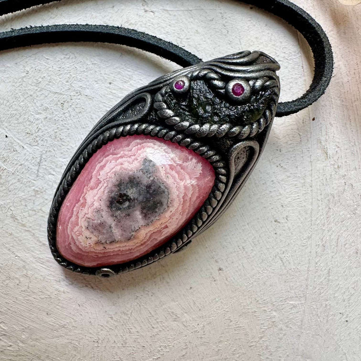 Rhodochrosite Moldavite and Ruby Clay Crystal Necklace - FairyGardenGlow