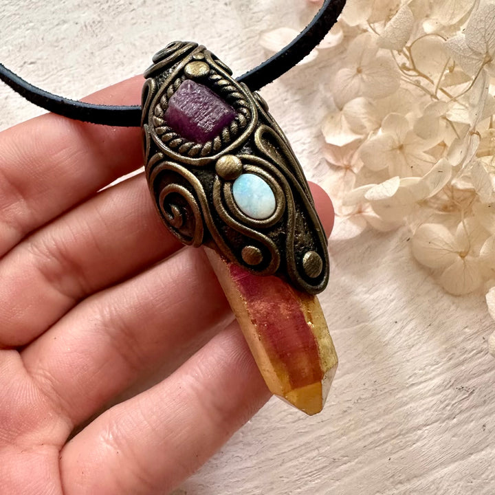 Sunset Aura Quartz Ruby and Australian Opal Necklace - FairyGardenGlow