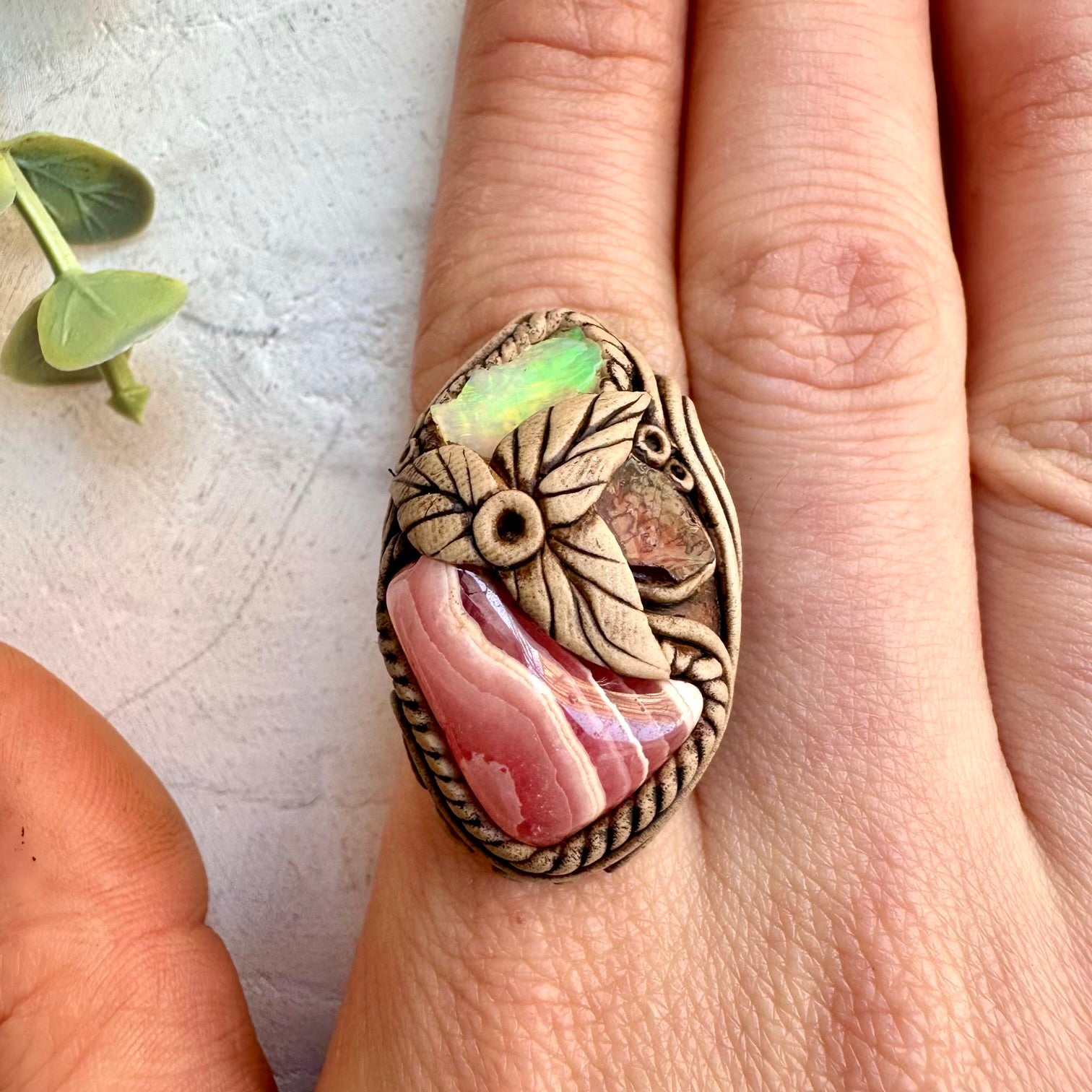 Rhodochrosite with Raw Ethiopian Opal and Red Garnet Ring