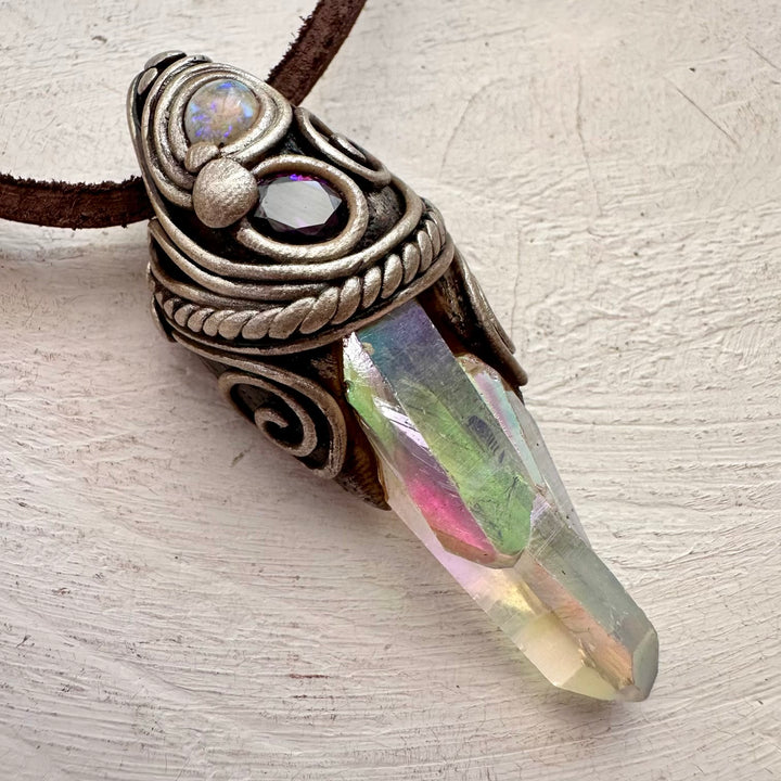Angel Aura Quartz Cluster Amethyst and Australian Opal Necklace - FairyGardenGlow