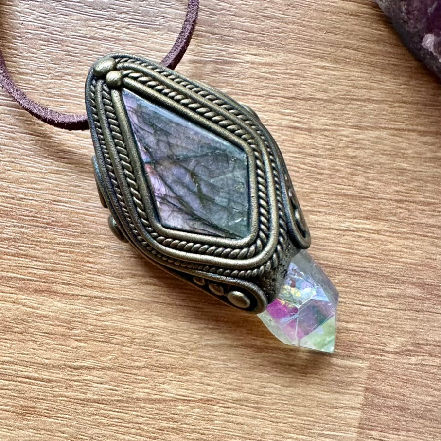 Labradorite and Angel Aura Quartz Pendant Necklace, Unique Handmade Jewelry - FairyGardenGlow