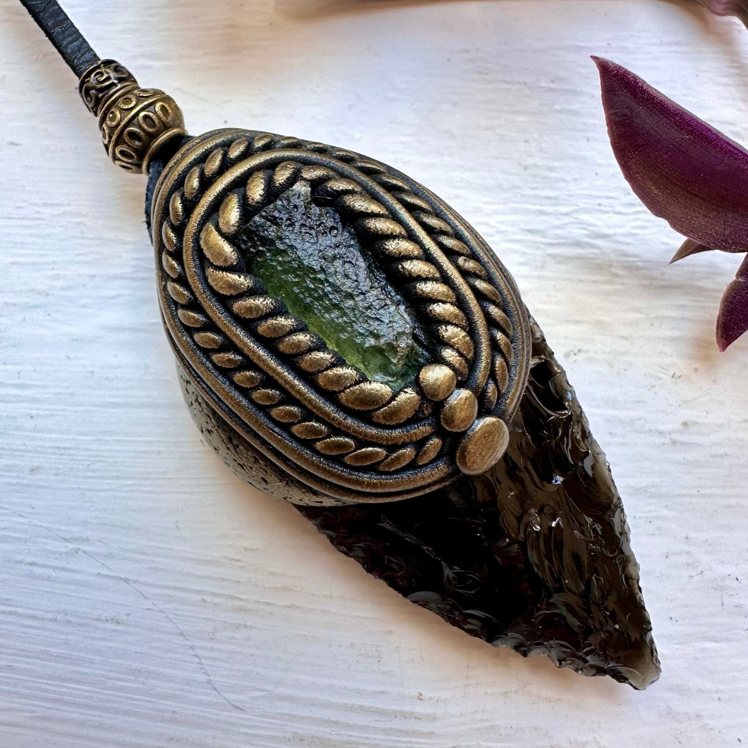 Black Obsidian Arrowhead and Moldavite Necklace - FairyGardenGlow