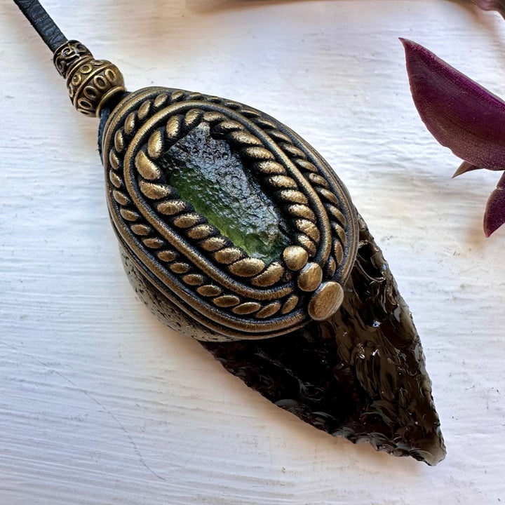 Black Obsidian Arrowhead and Moldavite Necklace - FairyGardenGlow
