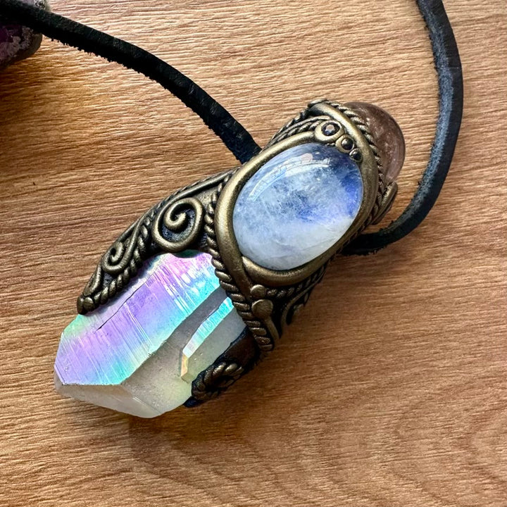 Angel Aura Quartz Smoky Quartz Sphere Moonstone and Blue Sapphire Healing Crystal Talisman - FairyGardenGlow