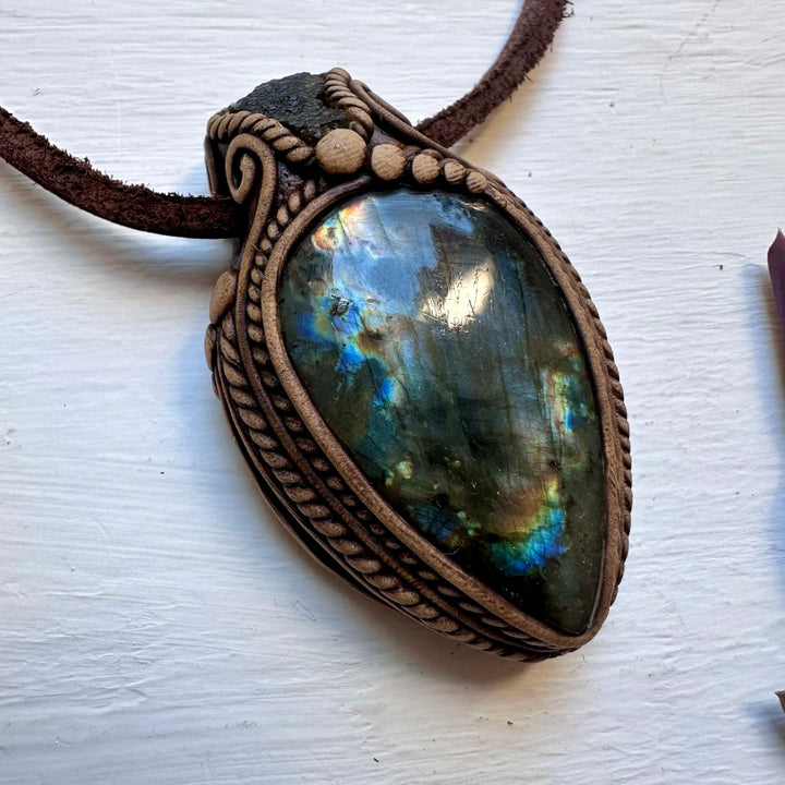 Labradorite and Moldavite Pendant Necklace, Handmade One of a Kind Jewelry - FairyGardenGlow