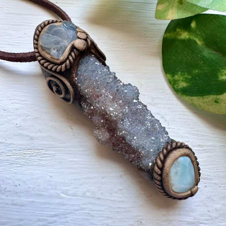 Aqua Aura Spirit Quartz Blue Calcite and Larimar Pendant Necklace - FairyGardenGlow