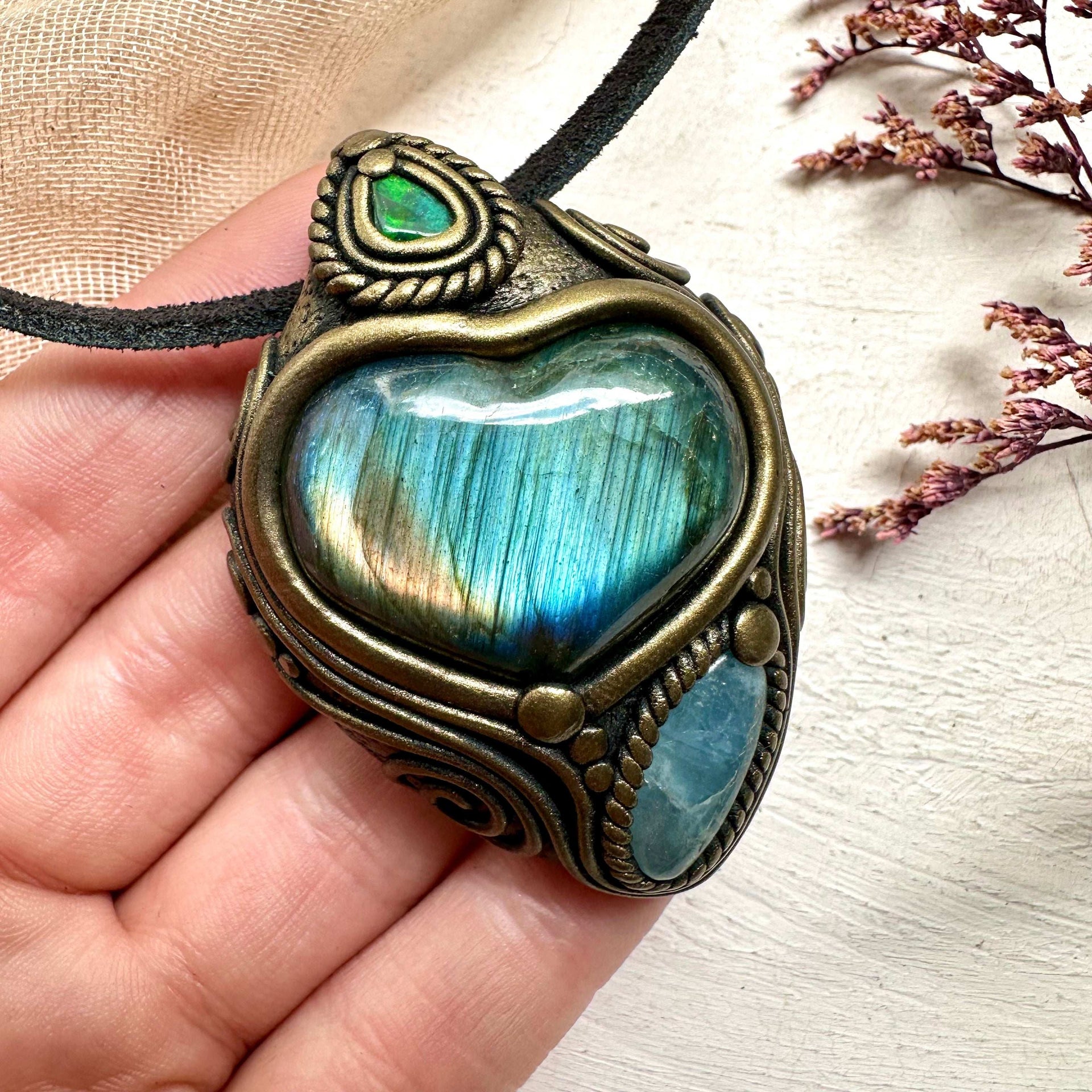 Labradorite Heart Aquamarine and Black Opal Pendant - FairyGardenGlow