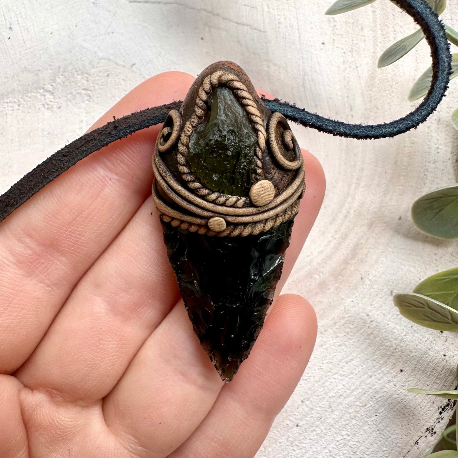 Black Obsidian Arrowhead and Moldavite Pendant Necklace