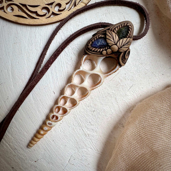 Moldavite and Tanzanite Seashell Necklace - FairyGardenGlow