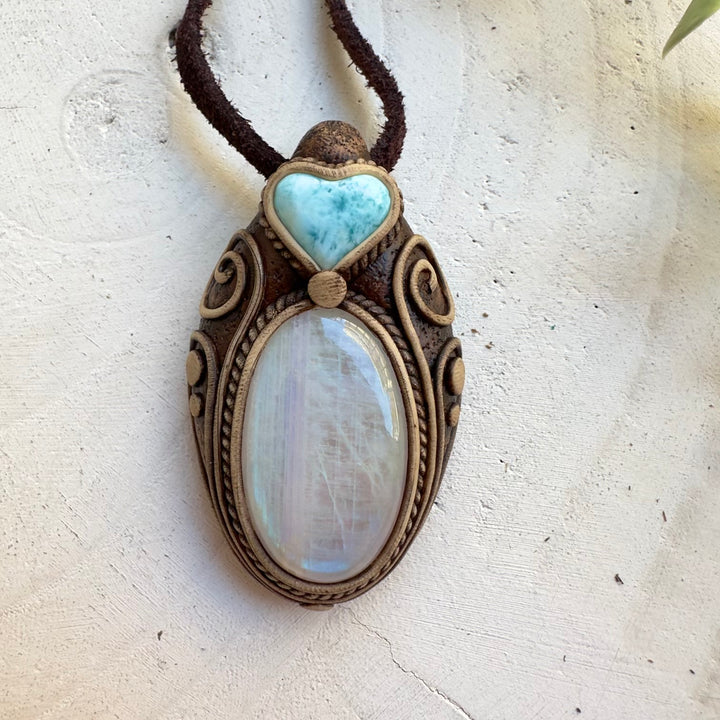 Spiritual crystal necklace featuring Larimar and Moonstone