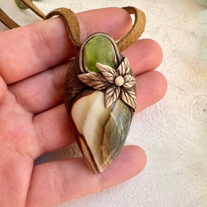Healing crystal pendant necklace with Polychrome Jasper and Peridot