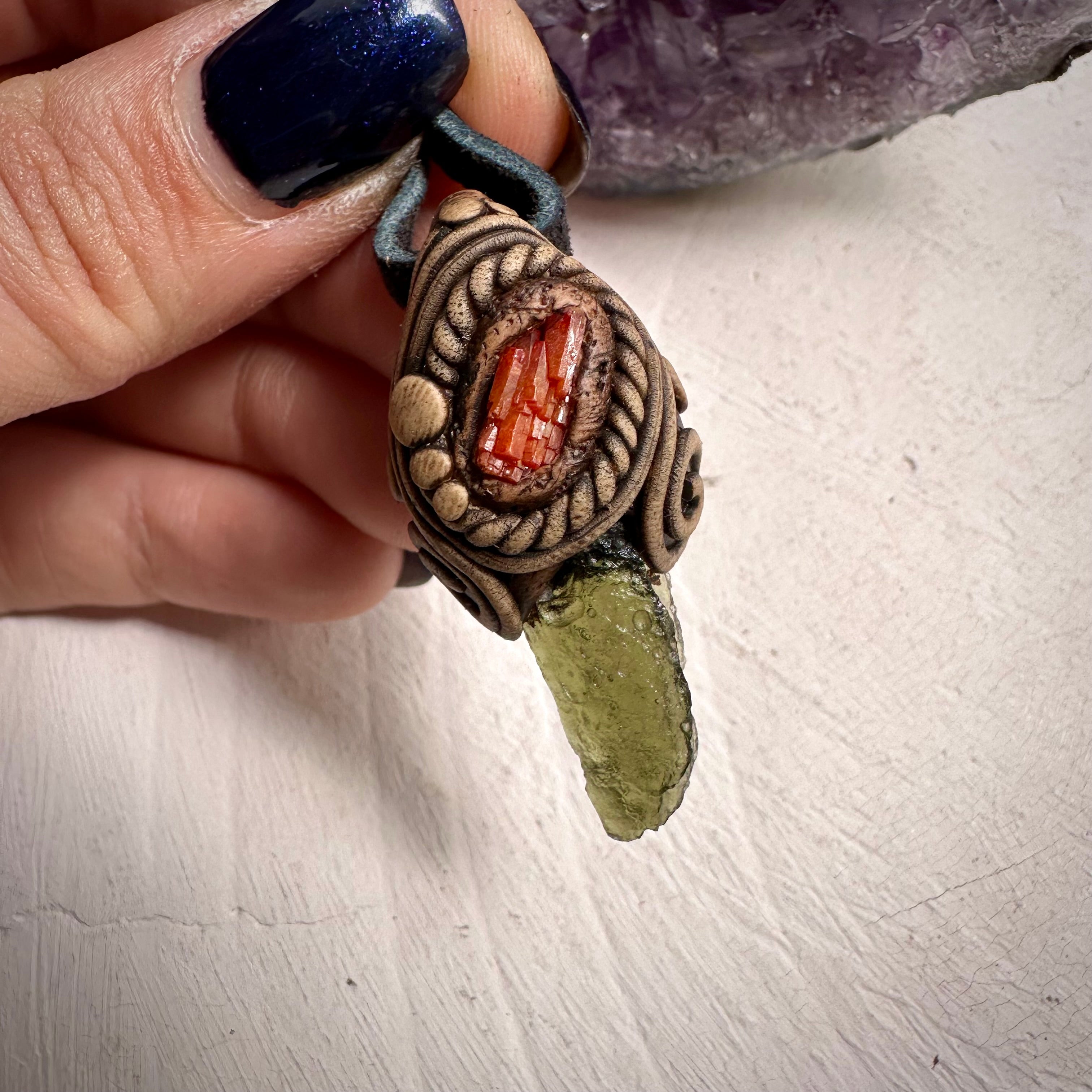 Moldavite and Vanadinite Pendant Necklace - FairyGardenGlow