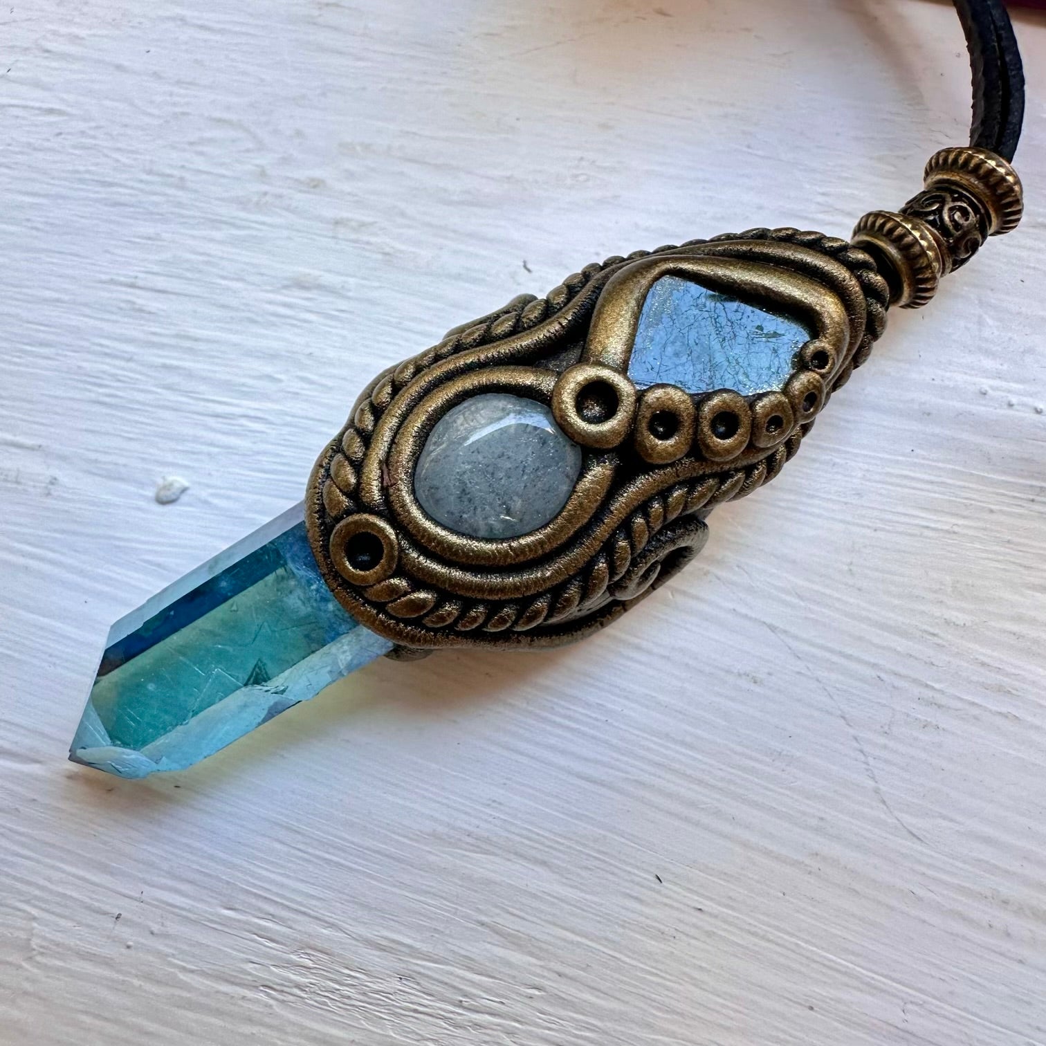 Aqua Aura Quartz Blue Tourmaline and Aquamarine Necklace - FairyGardenGlow