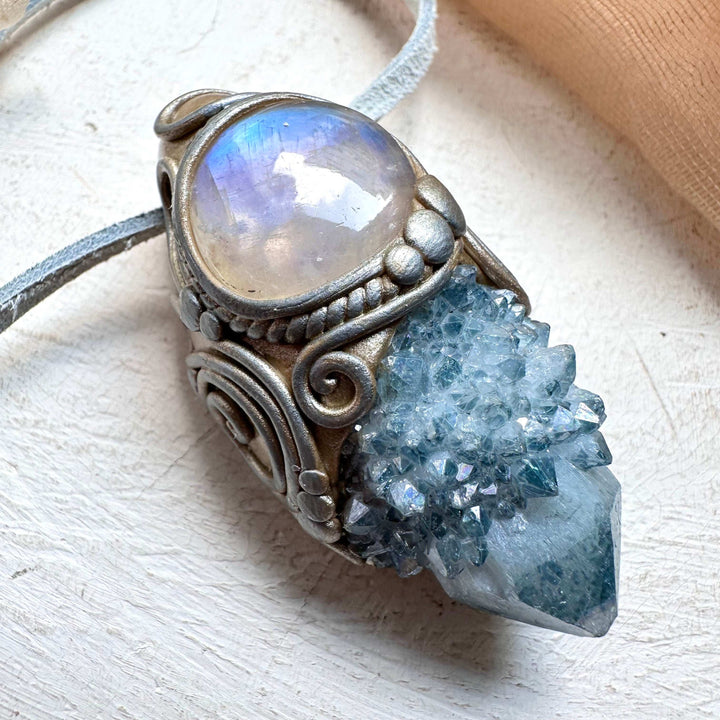 Aqua Aura Spirit Quartz and Moonstone Necklace - FairyGardenGlow