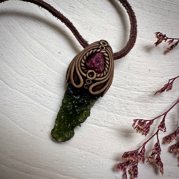 Moldavite and Raw Spinel Necklace - FairyGardenGlow