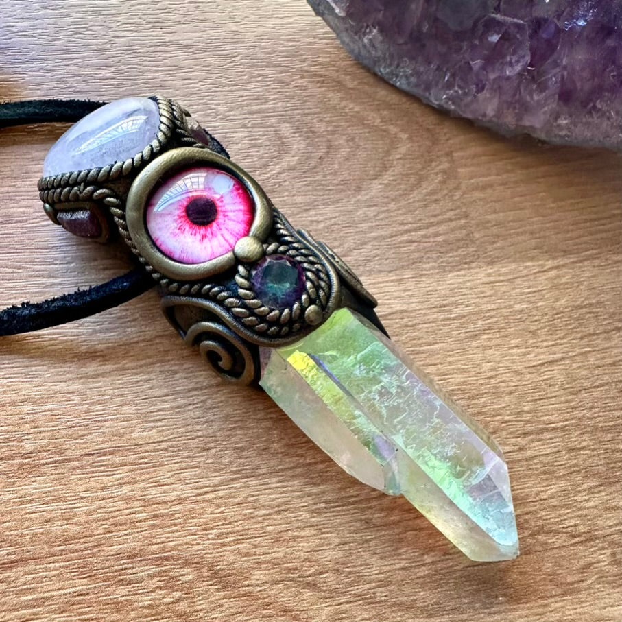 Angel Aura Quartz Rose Quartz Ruby and Mystic Topaz Eye Healing Crystal Talisman - FairyGardenGlow