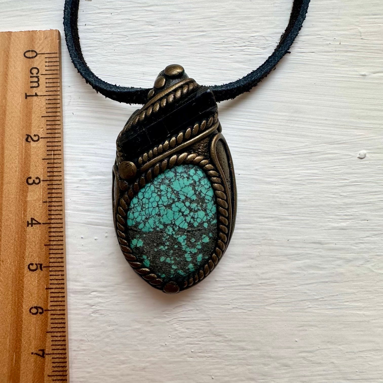 Turquoise and Black Tourmaline Pendant Necklace - FairyGardenGlow
