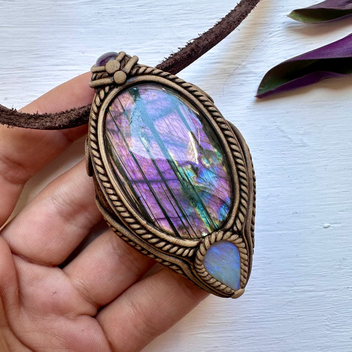 Purple Labradorite Amethyst and Australian Opal Necklace - FairyGardenGlow