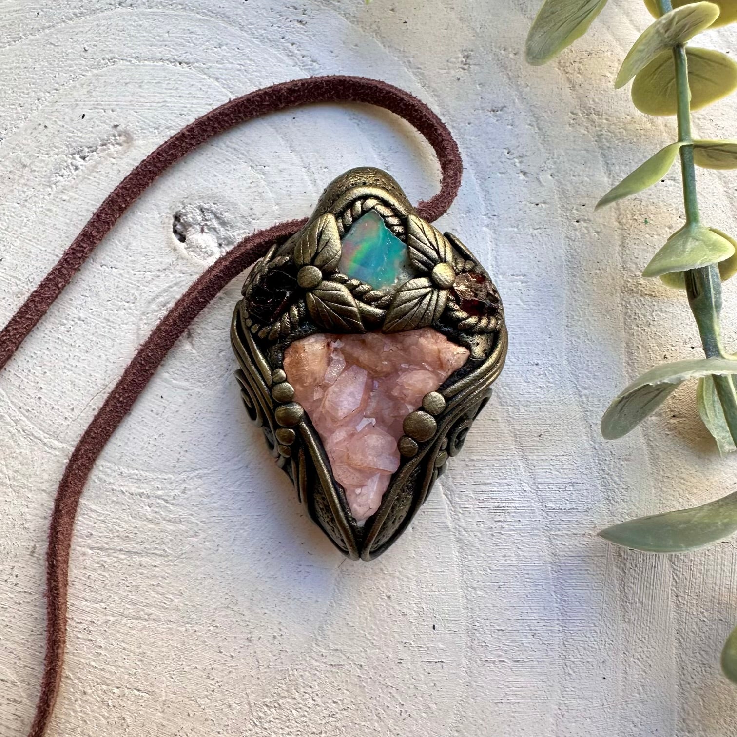 Pink Amethyst Cluster with Red Garnet and Raw Ethiopian Opal Pendant Necklace