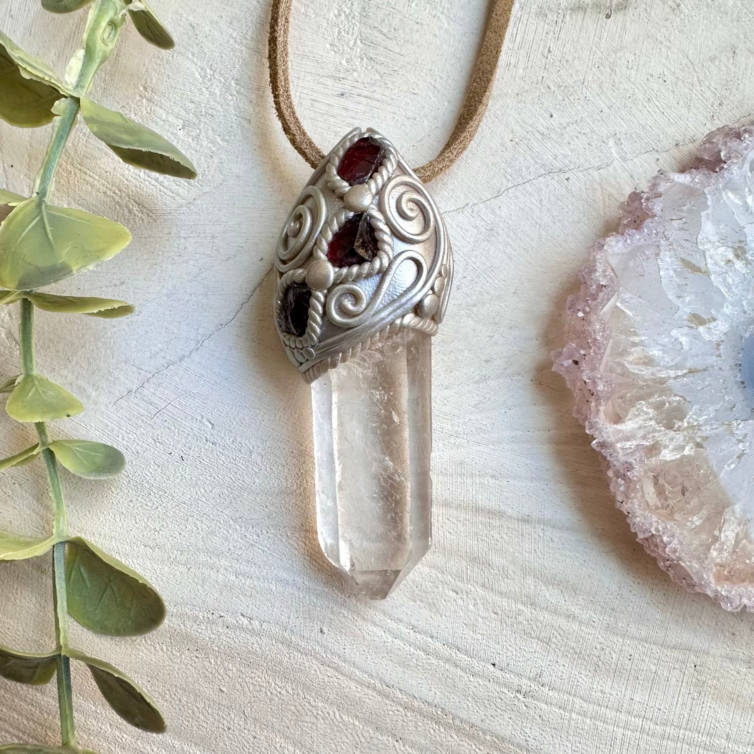 Clear Quartz and Raw Red Garnet Necklace, Protection Crystal Necklace