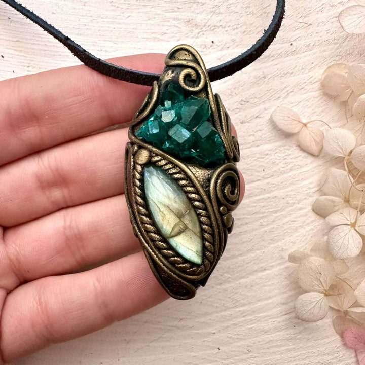 Dioptase and Labradorite Pendant Necklace - FairyGardenGlow