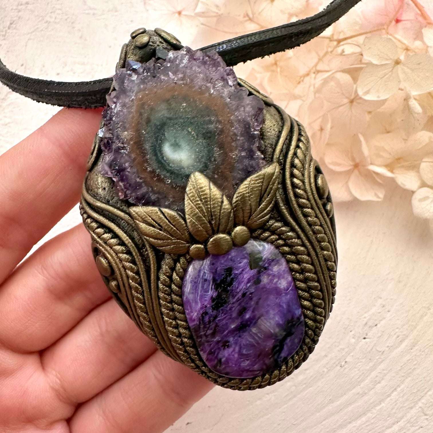 Charoite and Amethyst Stalactite Necklace - FairyGardenGlow