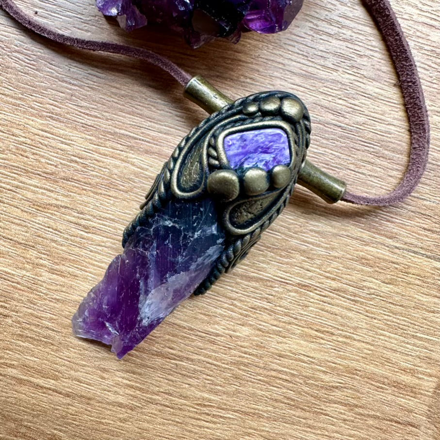 Raw Purple Fluorite and Charoite Pendant Necklace, Spiritual Handmade Jewelry - FairyGardenGlow