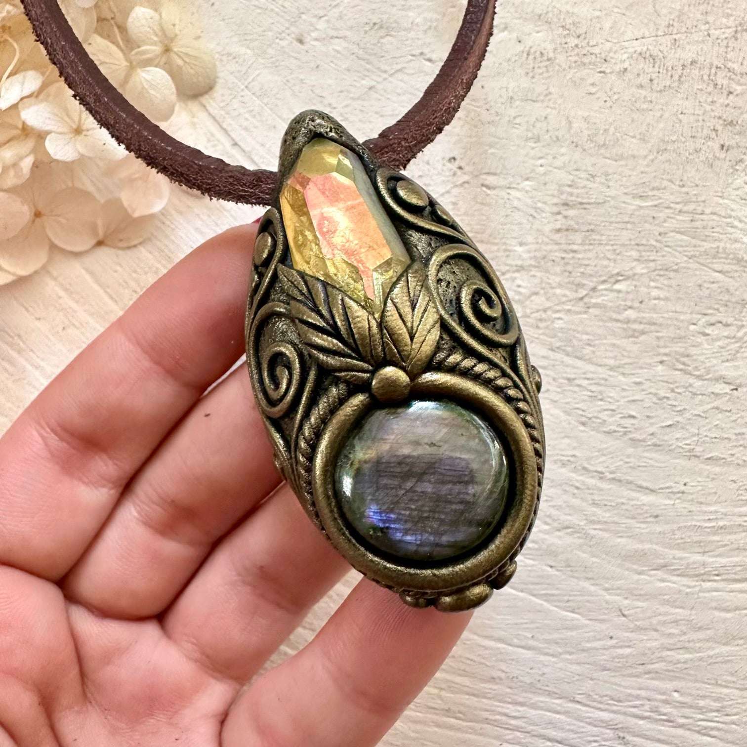 Labradorite and Sunset Aura Quartz Necklace - FairyGardenGlow