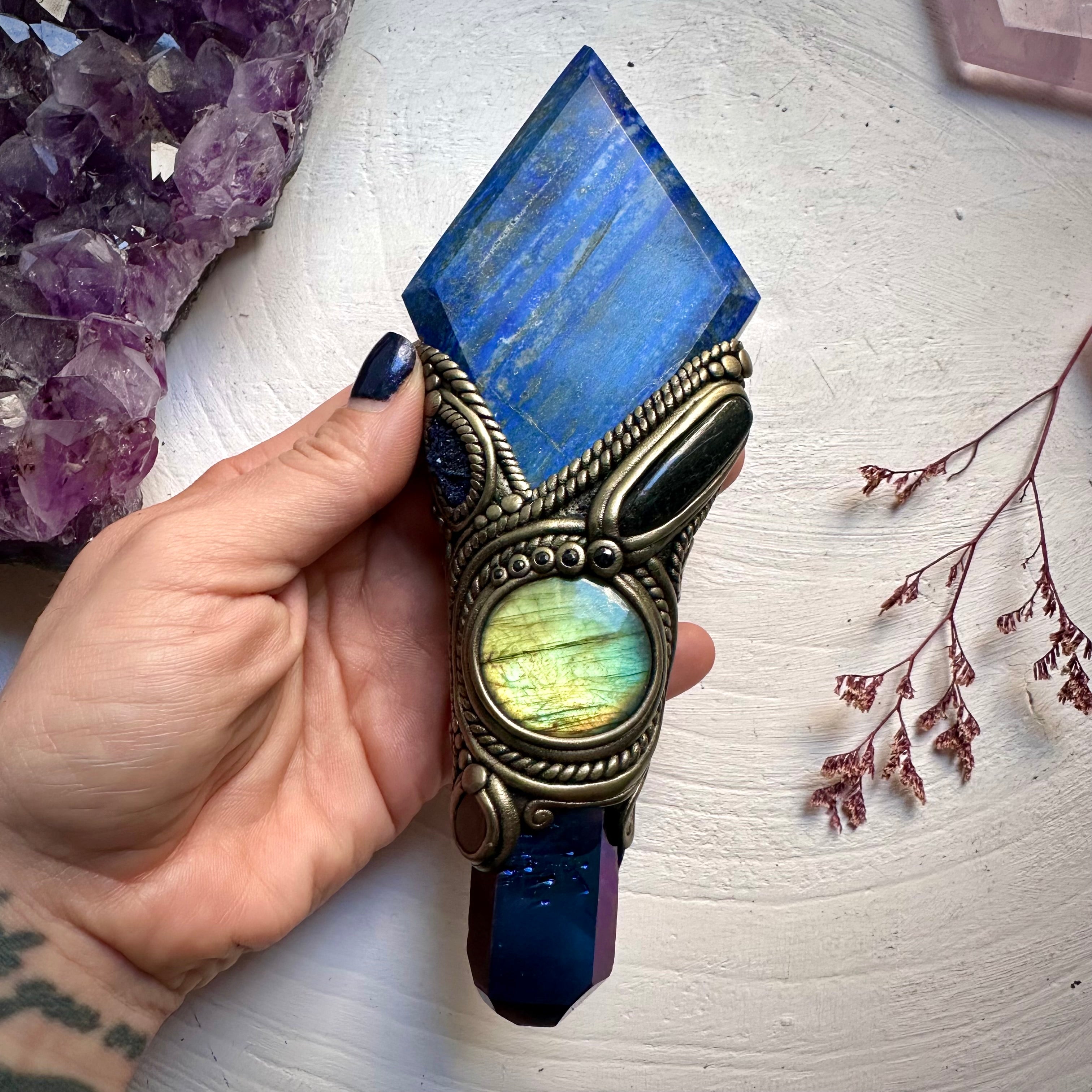 Lapis Lazuli Cobalt Aura Quartz Labradorite Black Tourmaline Azurite Black Onyx and Blue Sapphire Wand - FairyGardenGlow
