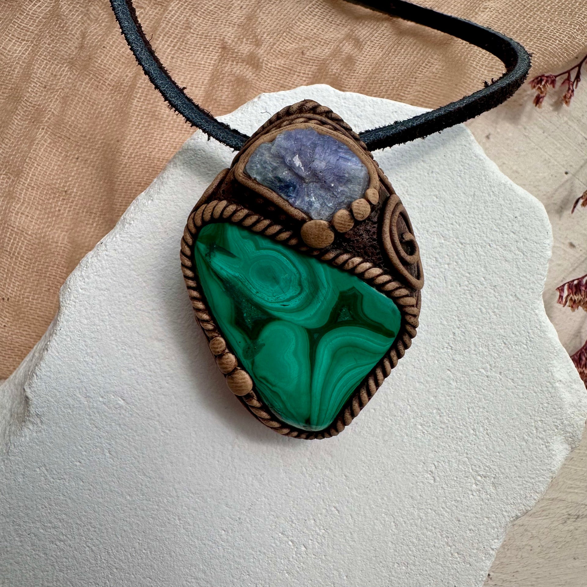 Malachite and Raw Tanzanite Pendant Necklace