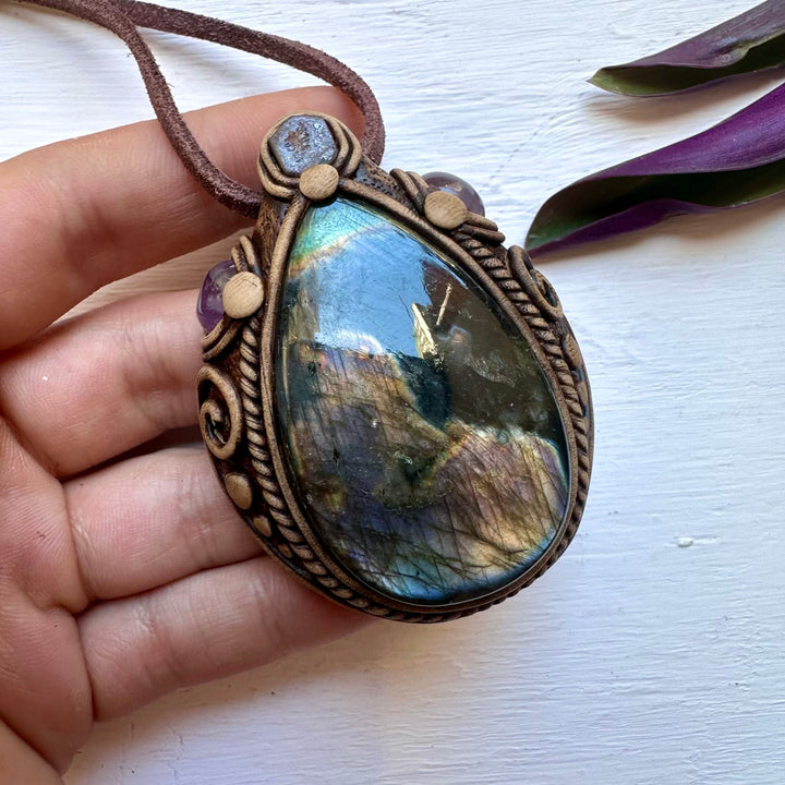 Labradorite Boulder Opal and Amethyst Necklace - FairyGardenGlow