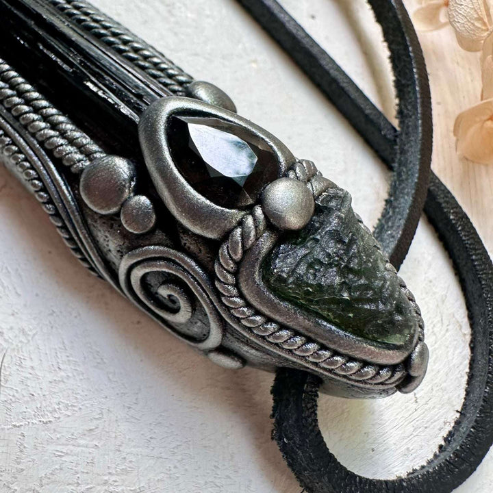 Black Tourmaline Moldavite and Smoky Quartz Wand / Pendant - FairyGardenGlow
