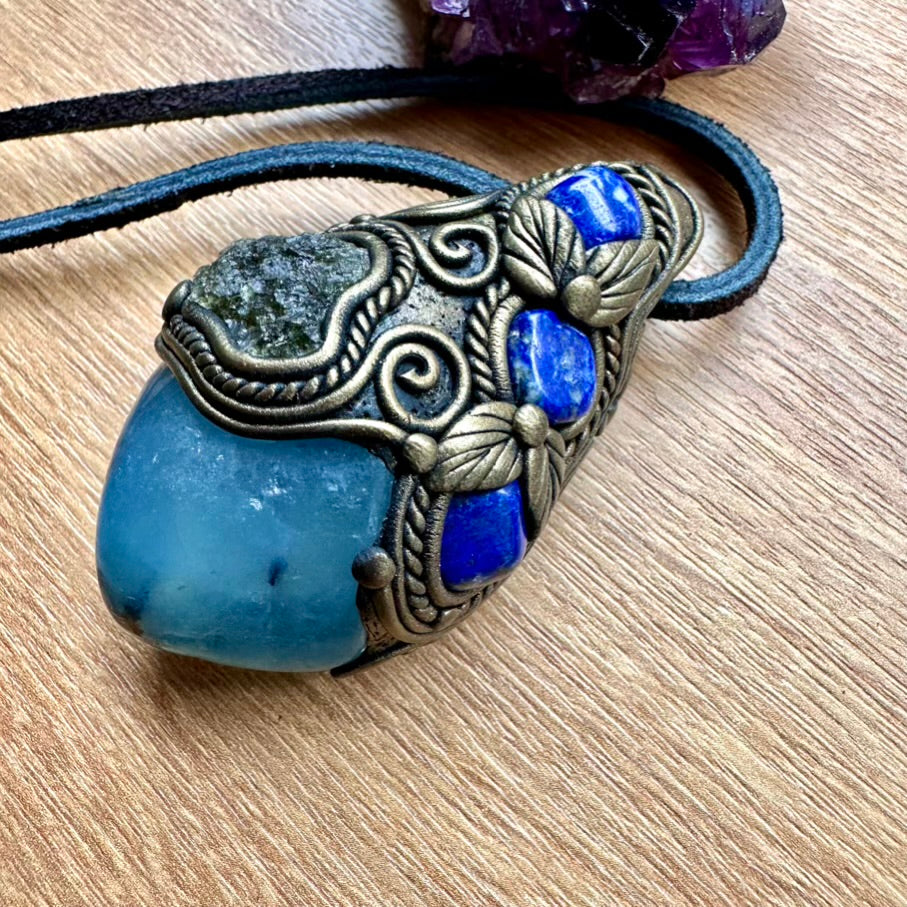 Aquamarine including Black Tourmaline Moldavite and Lapis Lazuli Crystal Pendant Necklace / Healing Crystal Talisman - FairyGardenGlow