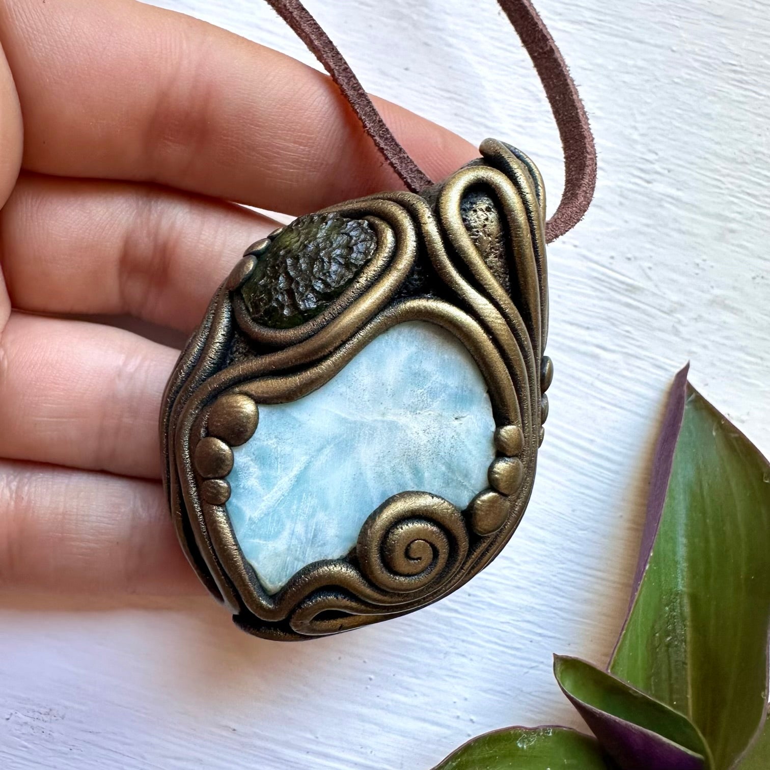Raw Larimar and Moldavite Necklace, Healing Crystal Protection Amulet