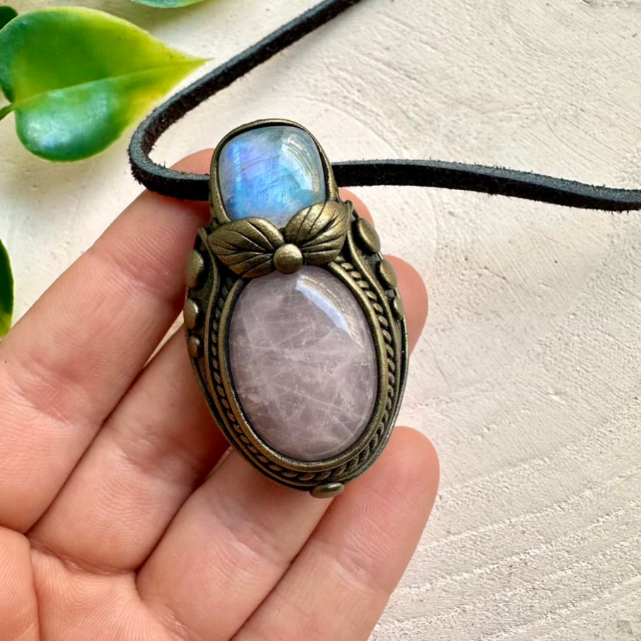 Rose Quartz and Rainbow Moonstone Necklace