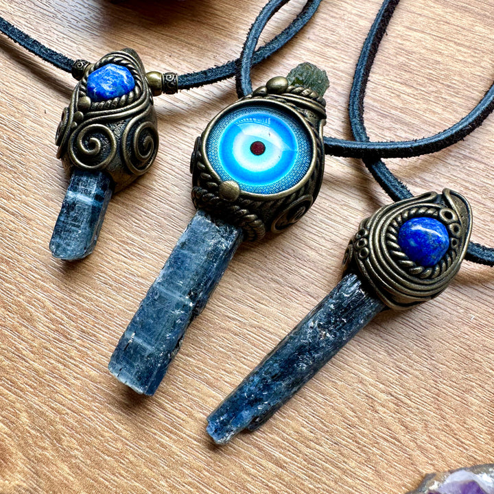 Blue Kyanite and Lapis Lazuli Pendant Necklace, Unisex Handmade Crystal Jewelry - FairyGardenGlow