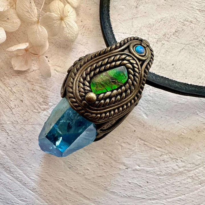 Aqua Aura Quartz Ammolite and Australian Opal Pendant Necklace - FairyGardenGlow