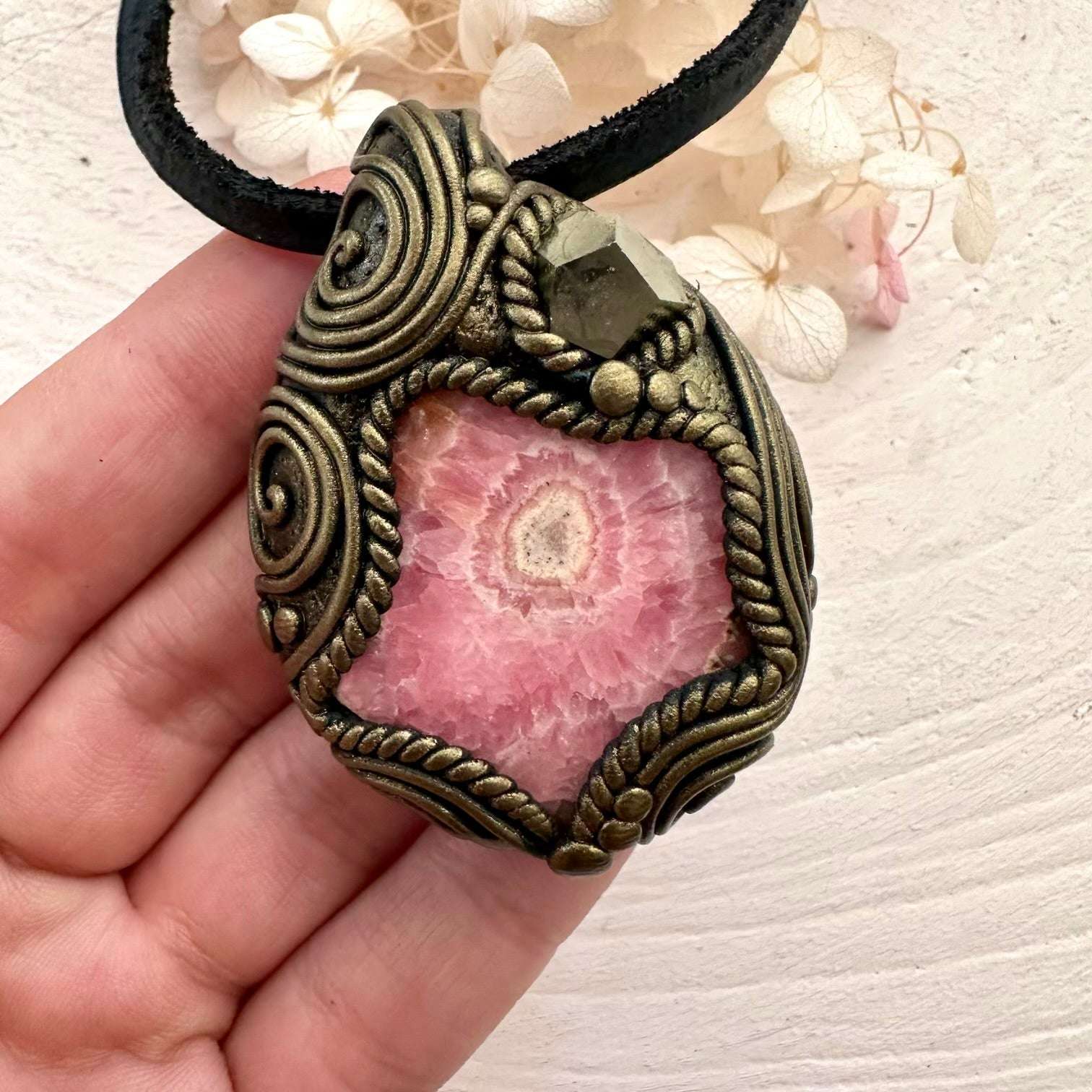 Rhodochrosite and Pyrite Pendant Necklace - FairyGardenGlow