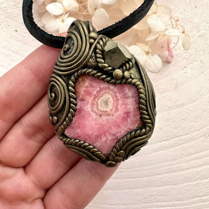 Rhodochrosite and Pyrite Pendant Necklace - FairyGardenGlow