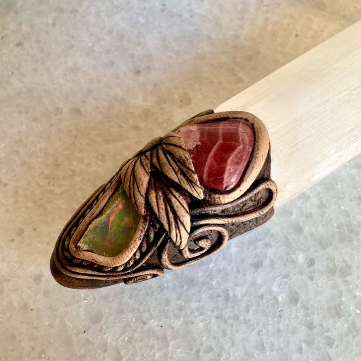 Selenite Crystal Wand, Angel Aura Spirit Quartz Red Garnet Raw Opal and Rhodochrosite Handmade Healing Crystal Wand - FairyGardenGlow