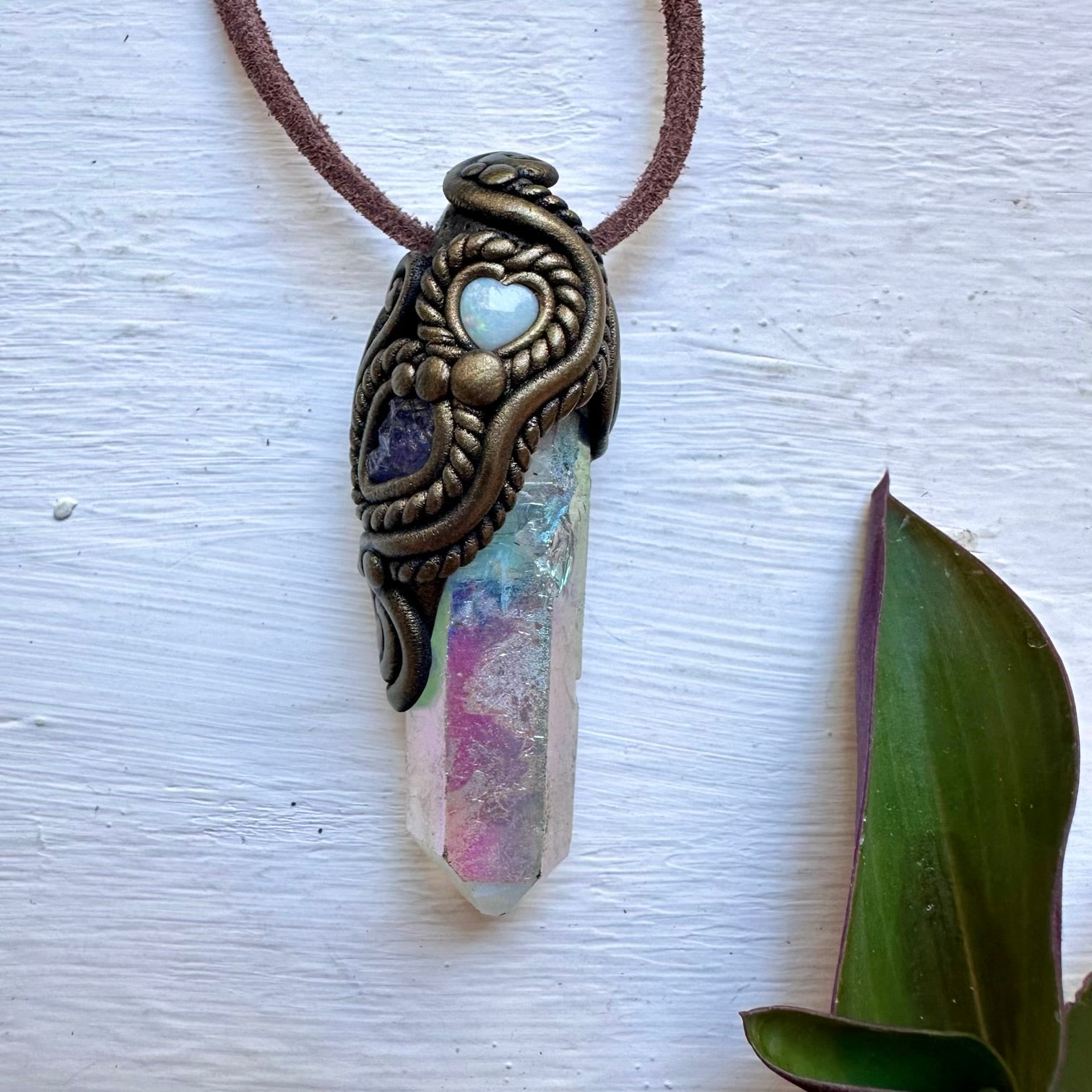 Angel Aura Quartz Australian Opal Heart and Raw Tanzanite Necklace