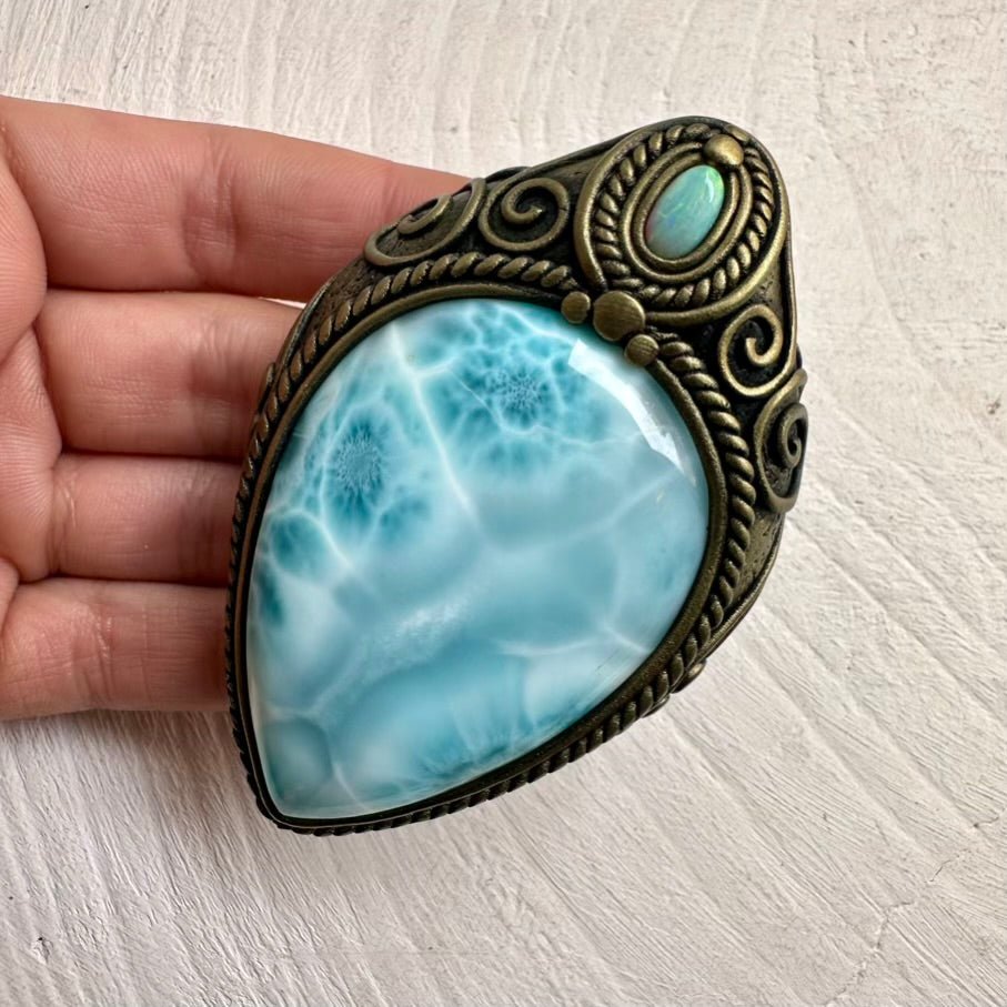 Large Larimar and Australian Opal Crystal Necklace, Unique Gemstone Pendant FairyGardenGlow