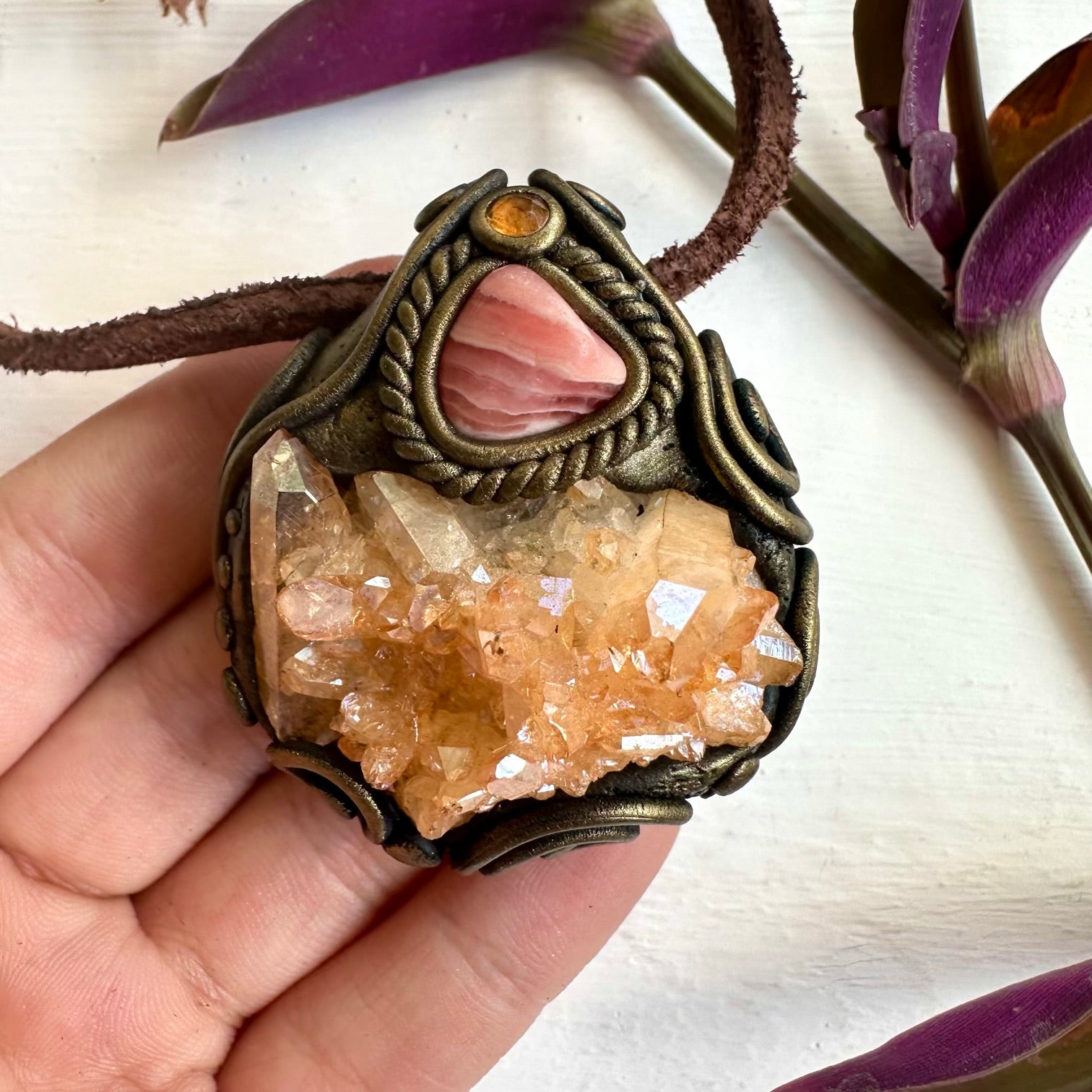 Tangerine Aura Quartz Cluster Rhodochrosite and Imperial Topaz Necklace - FairyGardenGlow