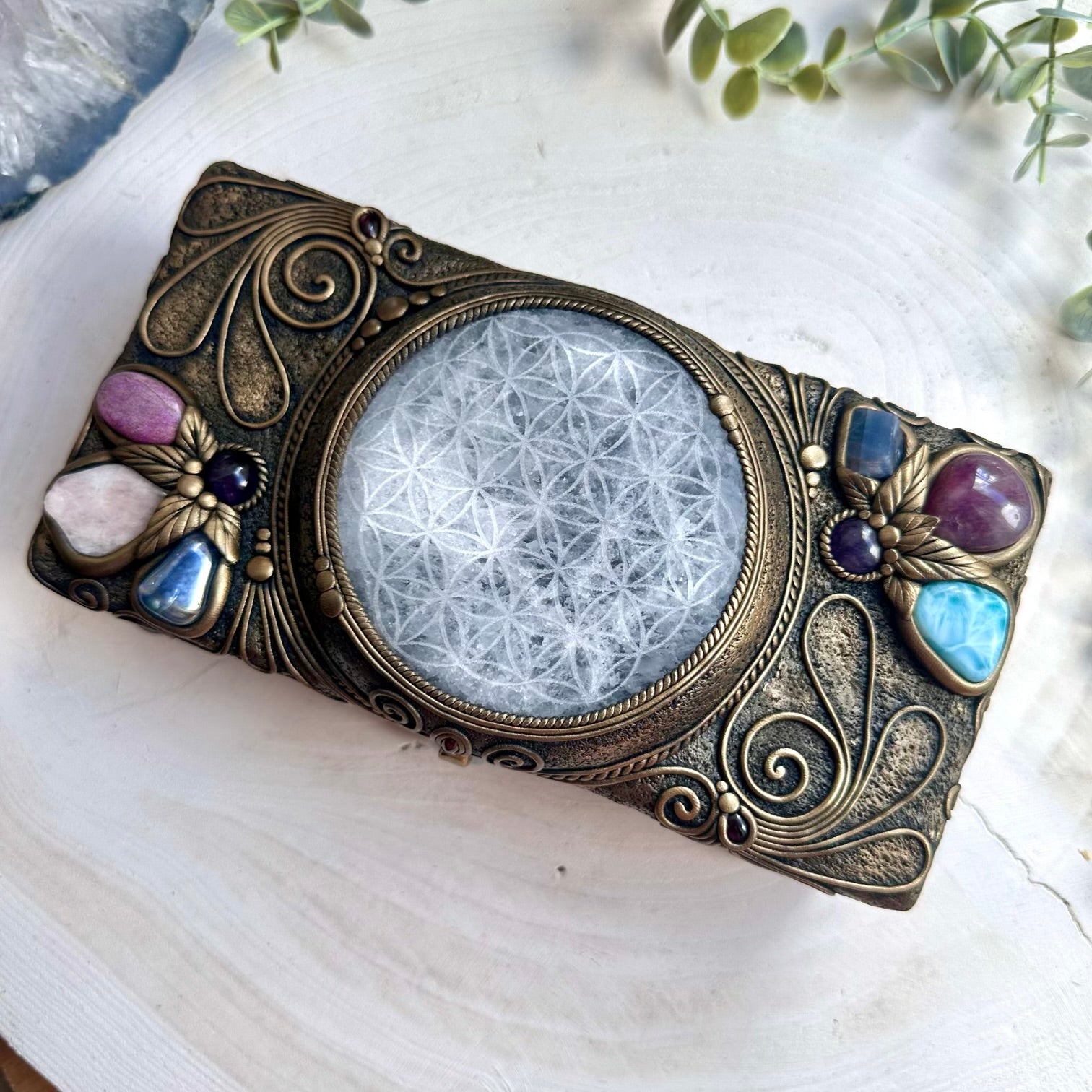 Flower of Life healing crystal box with curved selenite and handcrafted spiritual decor style