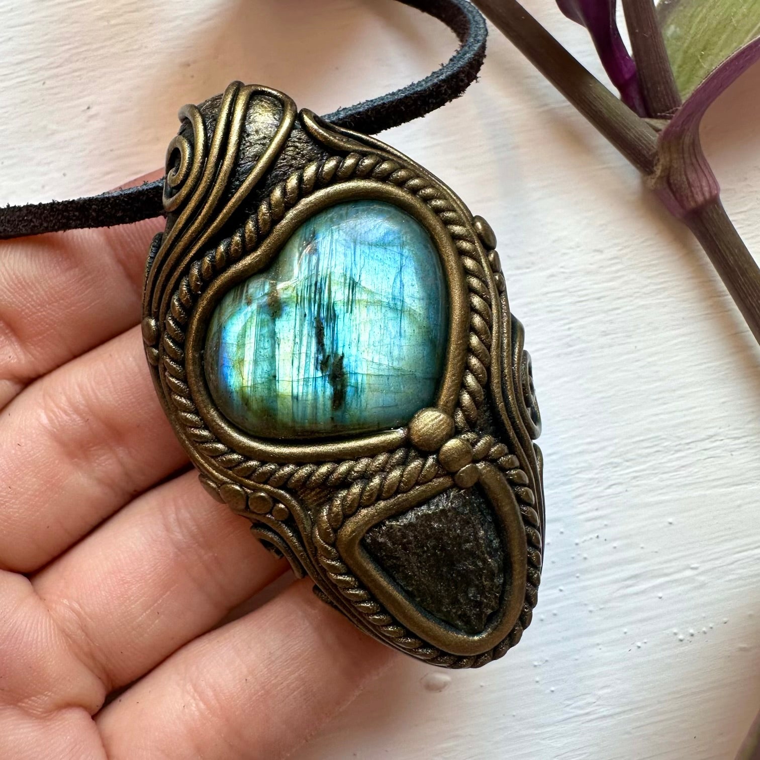 Labradorite Heart and Moldavite Necklace - FairyGardenGlow