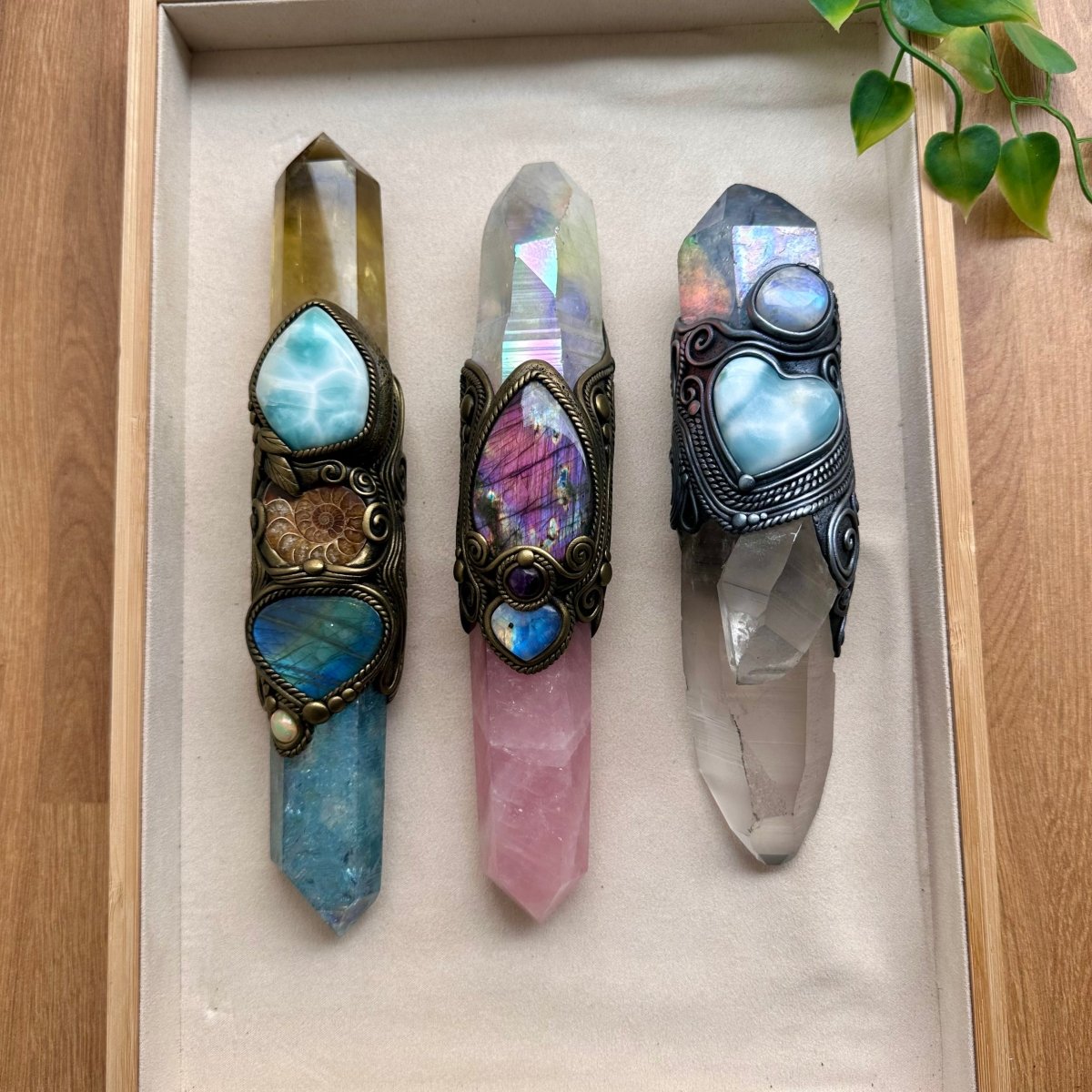 Large Healing Crystal Wand with Lemurian Seed Quartz, Aqua Aura Quartz, Larimar Heart and Rainbow Moonstone FairyGardenGlow