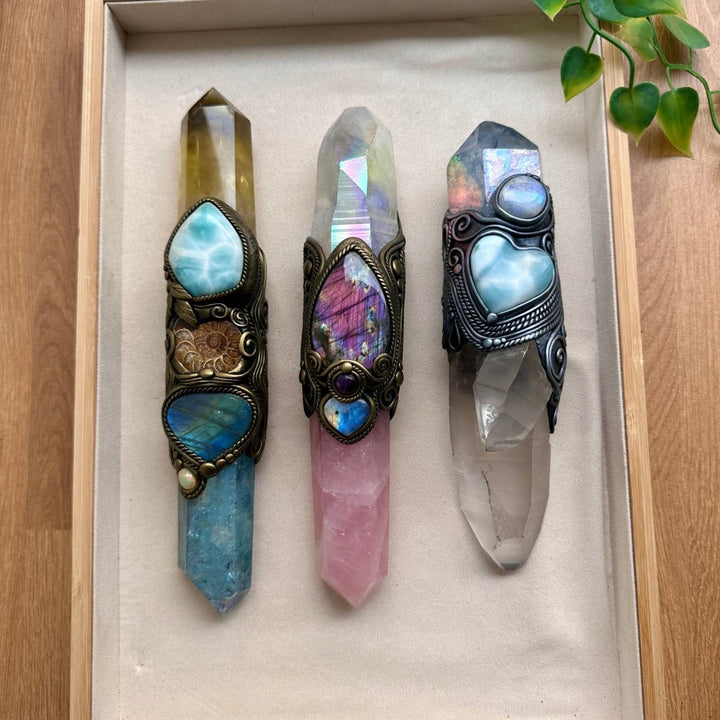 Large Healing Crystal Wand with Lemurian Seed Quartz, Aqua Aura Quartz, Larimar Heart and Rainbow Moonstone FairyGardenGlow